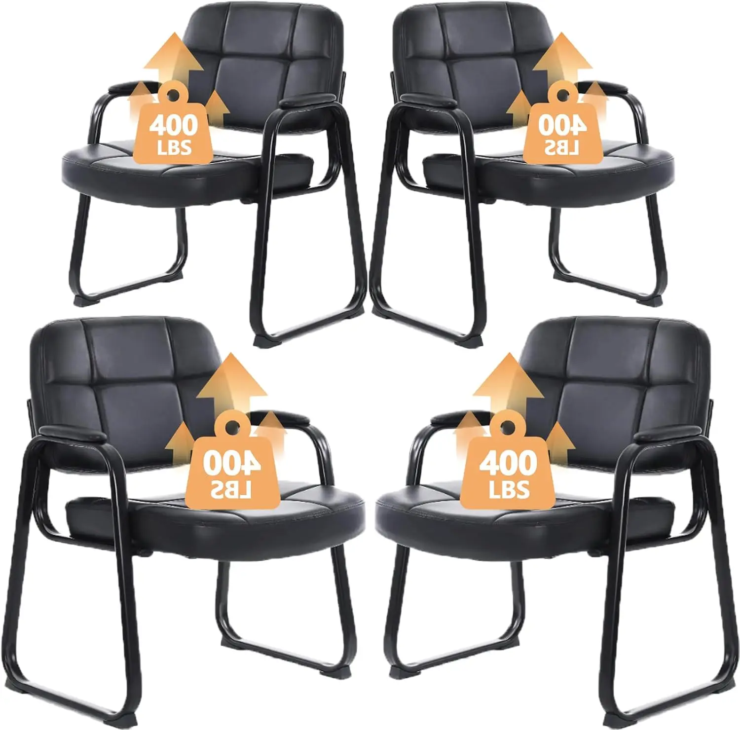 Office Reception Lobby, Bonded Leather, Black Guest Chairs - Comfortable, Big & Tall, 4 Pack