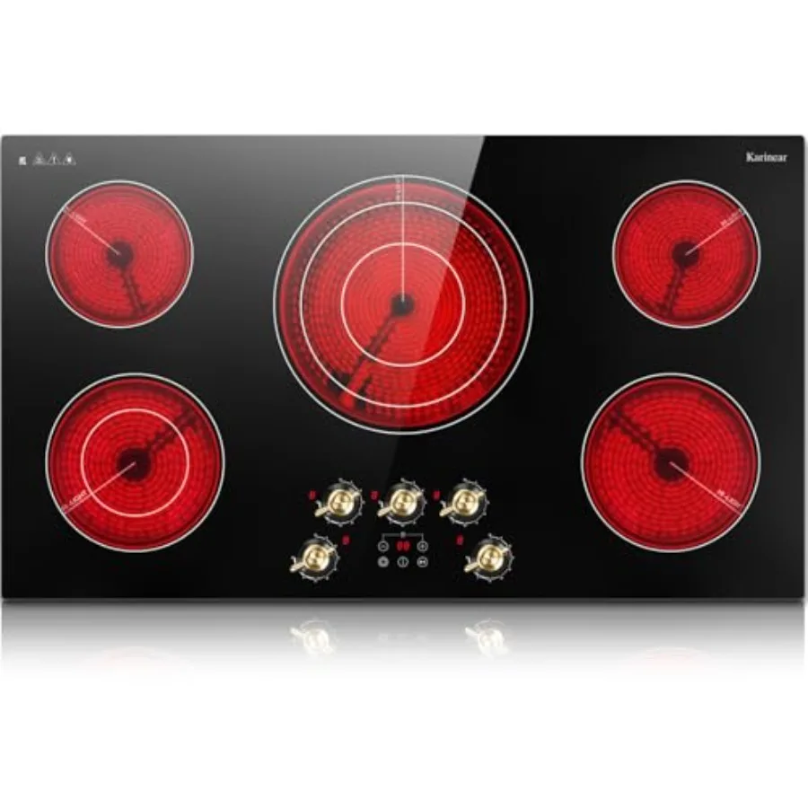 36 inch electric cooktop for kitchen radiant glass-ceramic surface gold knob 5 burners with knob touch control 9200W power 9 le