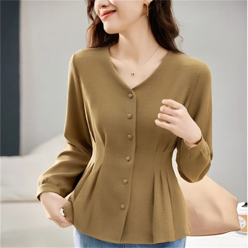 

Fashion Women Blouses For Women Slim Waist Pullover Pleated Ladies' Shirt Solid color V-neck Long Sleeve Woman Clothes Blous Top
