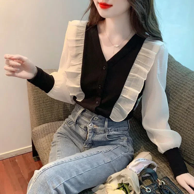 Autumn Elegant Fashion Office Lady Commuter Shirt Women All Match V Neck Long Sleeve Patchwork Button Ruffles Lantern Sleeve Top