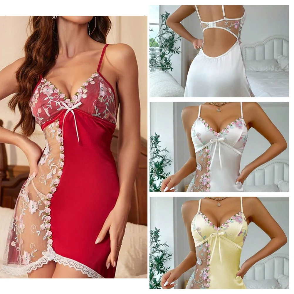 

Woman Floral Lace Pajama Side See Through Spliced Flowers Pajama Night Dress Open Back Satin Nightgown