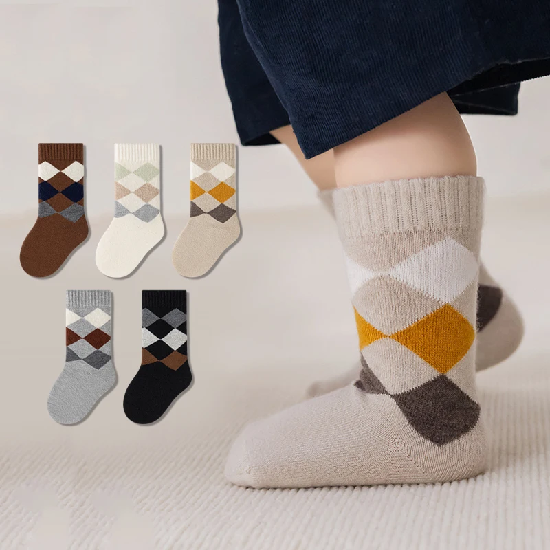 3/5 Pairs Retro Argyle Winter Children Socks Mid Calf Soft Knitted Kids Socks Classic Geometric Toddler Socks for Boys Girls