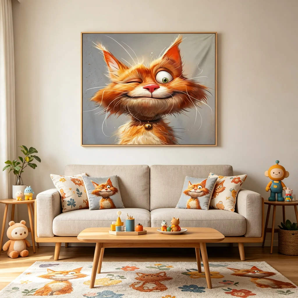 1PC Orange Cat Wink Grey Art Print Backdrop Banner, Bedroom Living Room Photo Background, Polyester, Home Decor, Wall Art