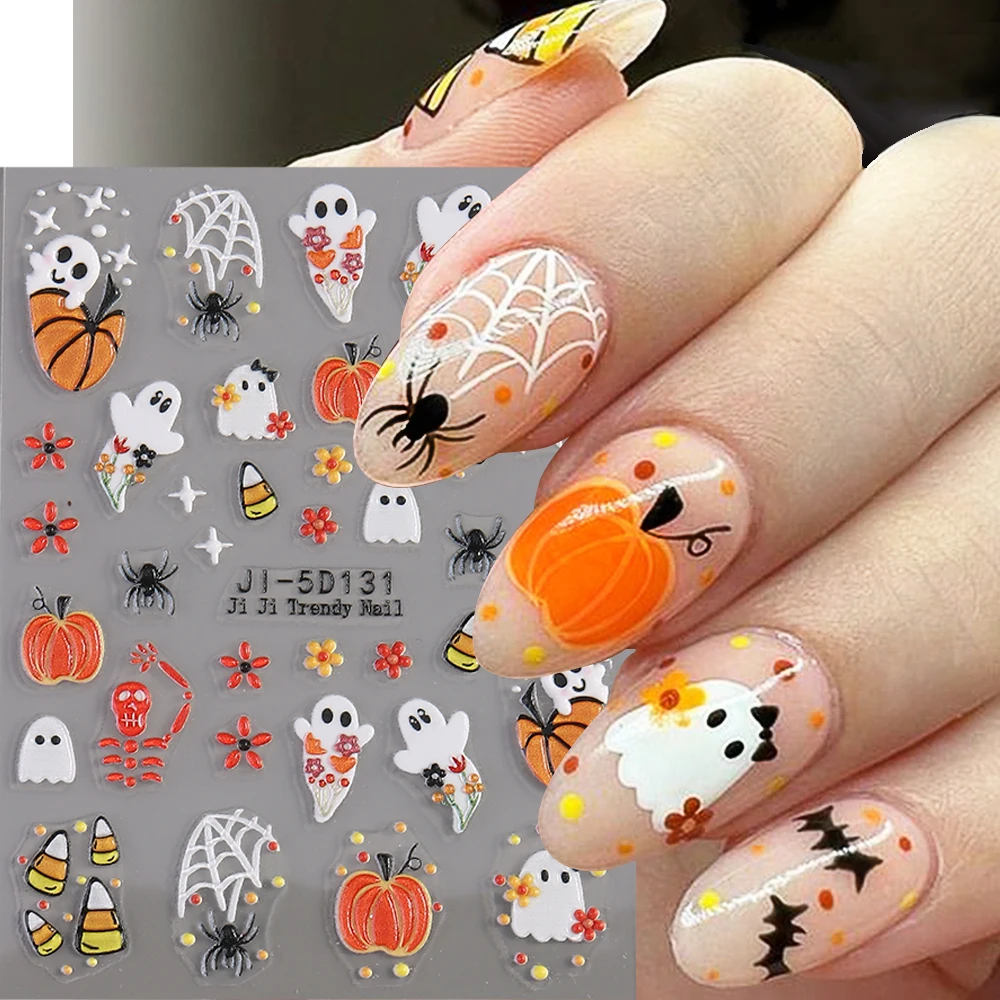 

5D Embossed Ghost Nail Art Stickers Halloween Cartoon Pumpkin Skull Nail Decals Spider Web Daisy Sliders For Manicure NTJI-5D131