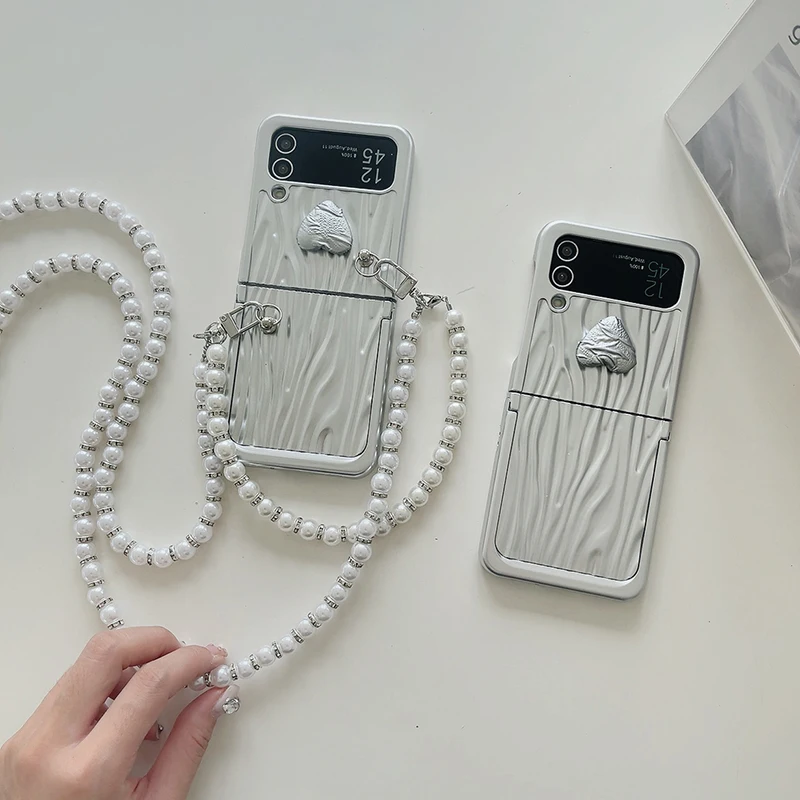 Luxury Pearl Chain Strap Crossbody Lanyard Phone Case For Samsung Galaxy Z Flip3 4 Water Ripper Plating Back Cover With Holder