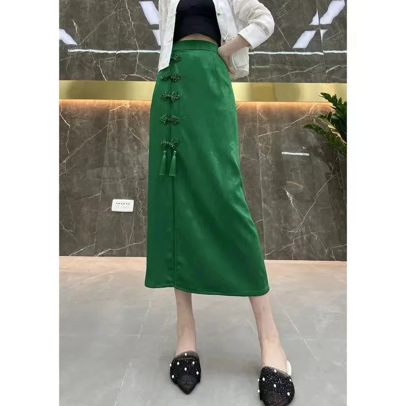 Chinese Style Vintage Mid-Length Skirt Female Spring Summer Fashion Elegant Skirts High Waist Slit Women Clothing Green Black