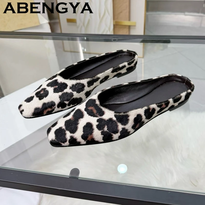 Fashion Leopard Flat Slippers Women Square Toe Suede Leather Slip On Lazy Mules Female Summer Casual Beach Slides Shoes Mujer