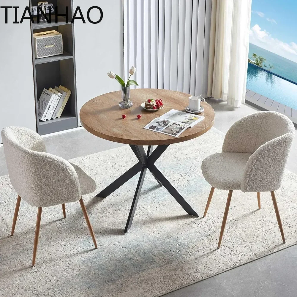Minimalist Style 3 Pieces Home Kitchen Round Dining Table with Thick Tabletop and 2 Upholstered Arm Chairs