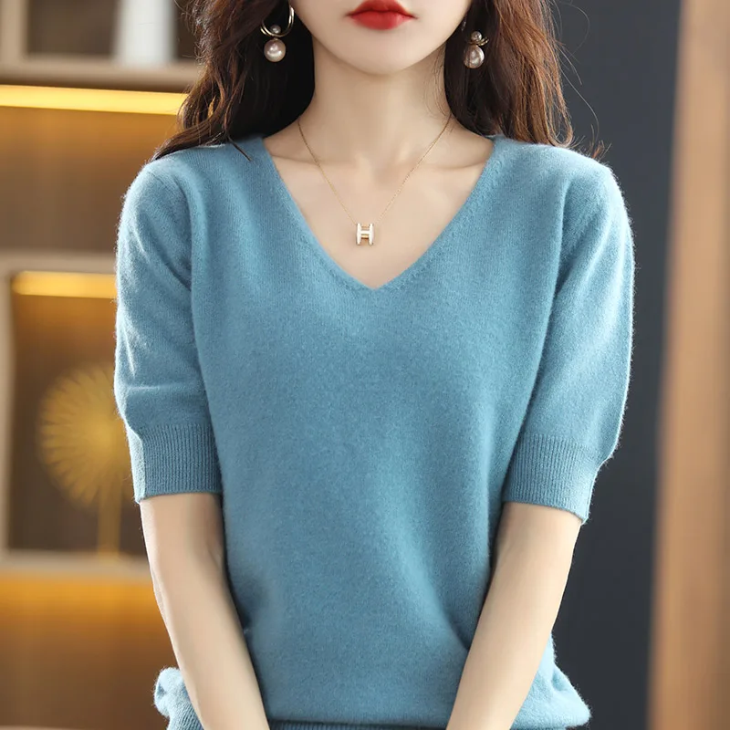 Hot Sale 100% Wool Cashmere Women's Sweaters And Pullovers Autumn Female V-Neck Clothing Short SLeeve Soft Jumper Tops Spring