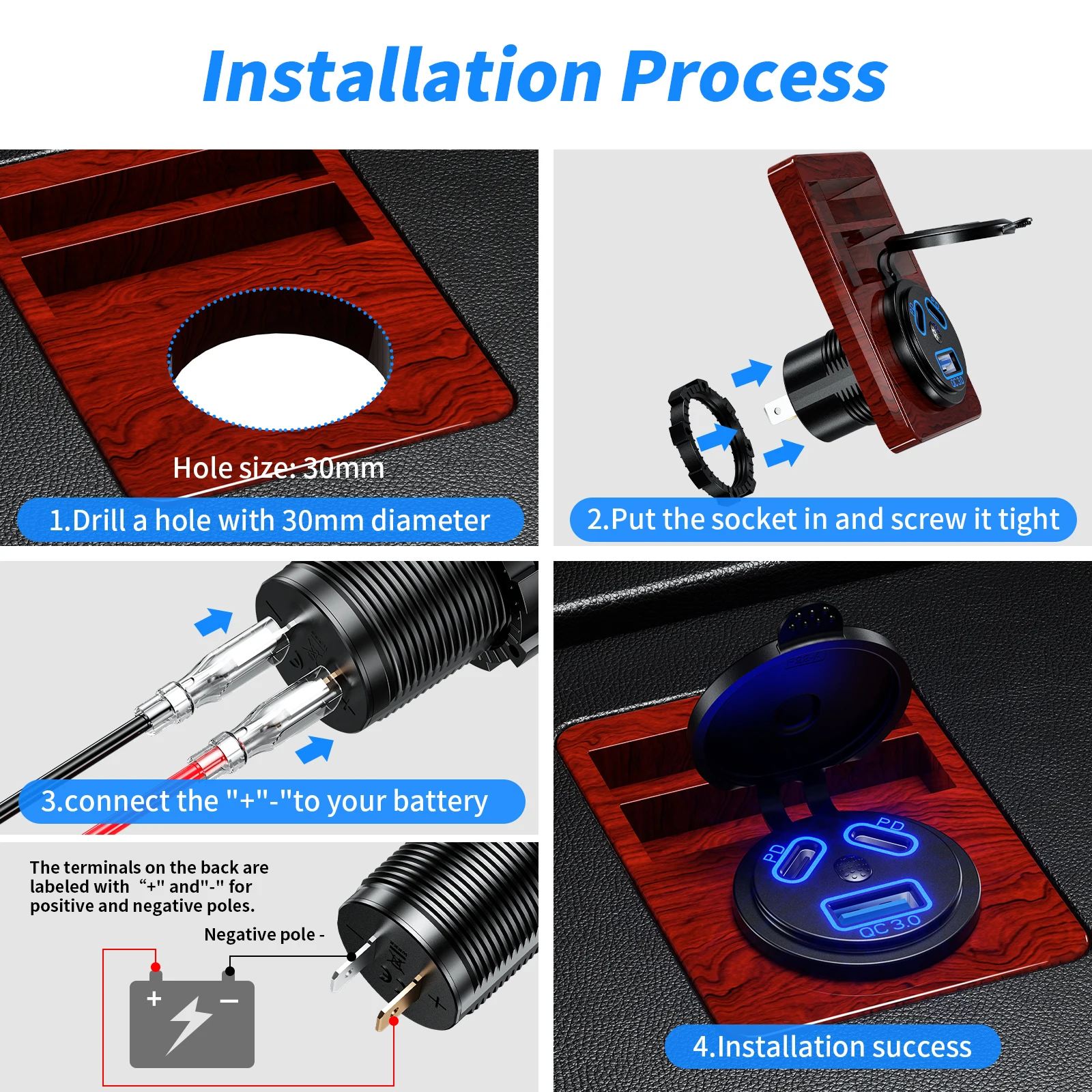 12V/24V USB Outlet 108W 3 Ports Car Charger Socket Dual 45W PD Type C & 18W QC 3.0 Motorcycle Socket Power Outlet Charge Adapter