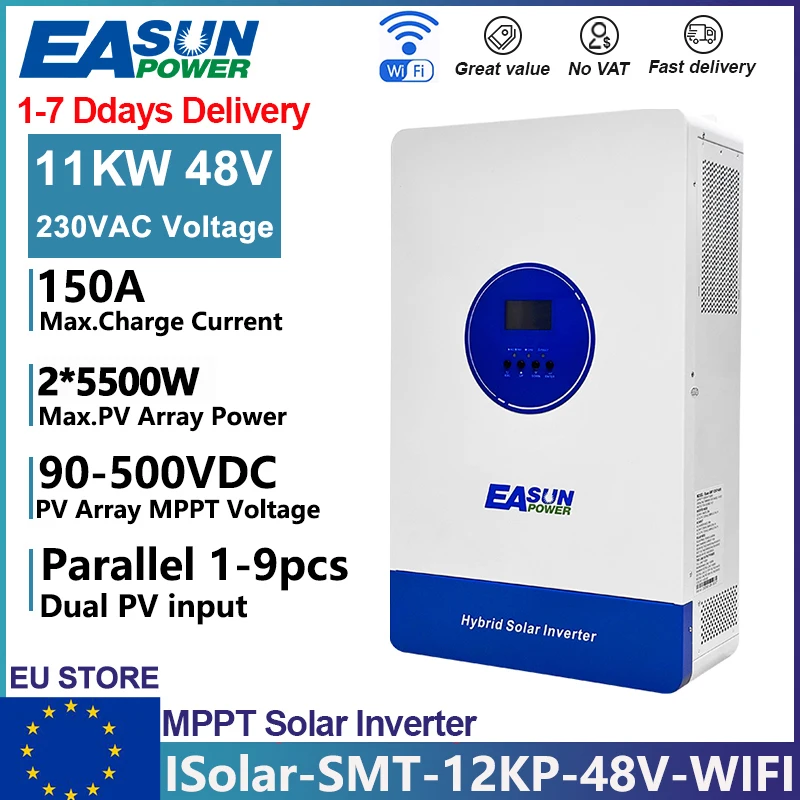 EASUN 12KVA 11KW Onduleur Solaire Hybride 48V 230V Onde Sinusoïdale Pure 150A Double Contrôleur MPPT Onduleur Parallèle Hors Réseau avec WIFI