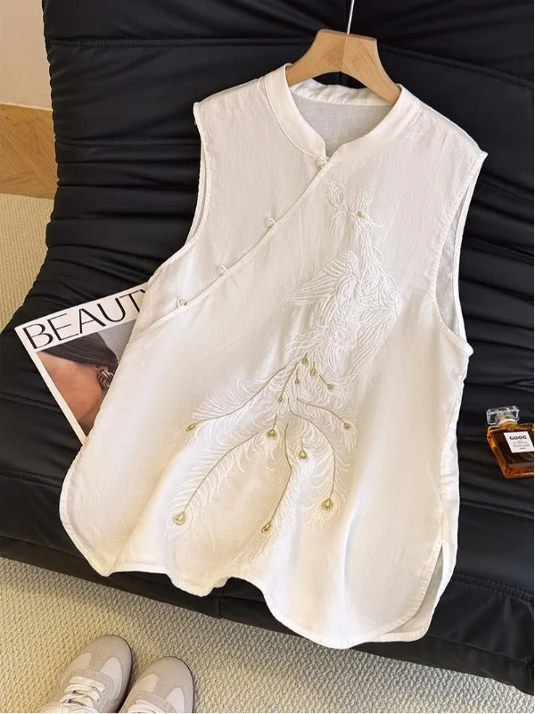 

Новая китайская женская куртка из льна с вышивкой в стиле Феникса, большие размеры, с косыми пуговицами и воротником-стойкой