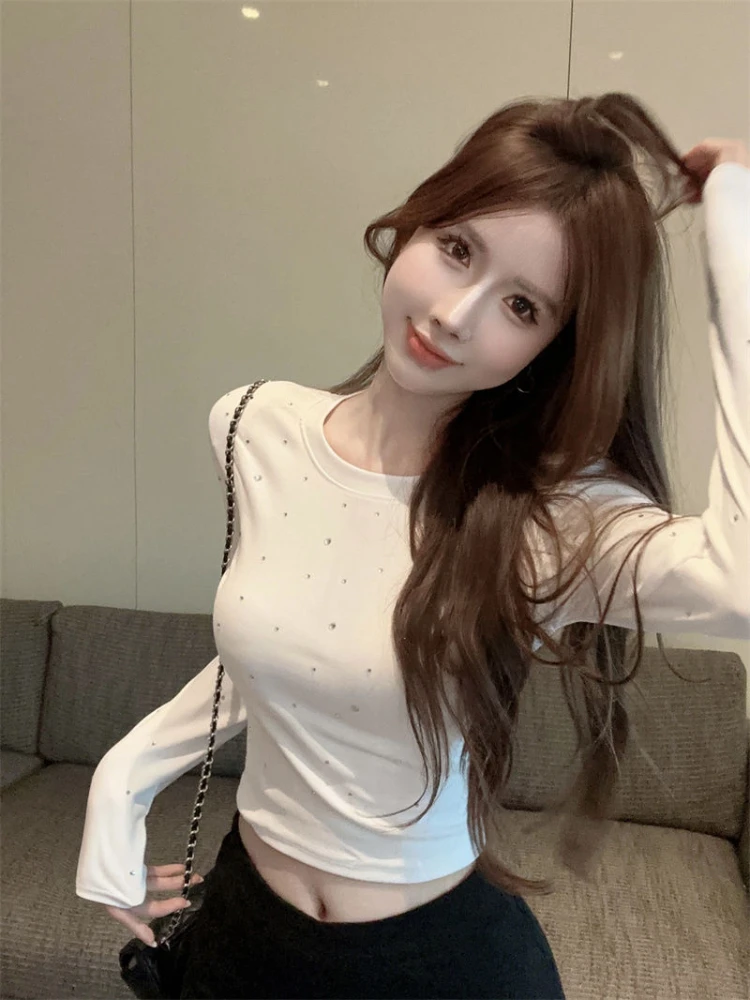 Solid Woman Crop Tshirts Fashion Spring Tees 2024 Ropa Mujer O-neck Long Sleeve Casual Slim Fit Tops Heavy Diamond Y2k T Shirts