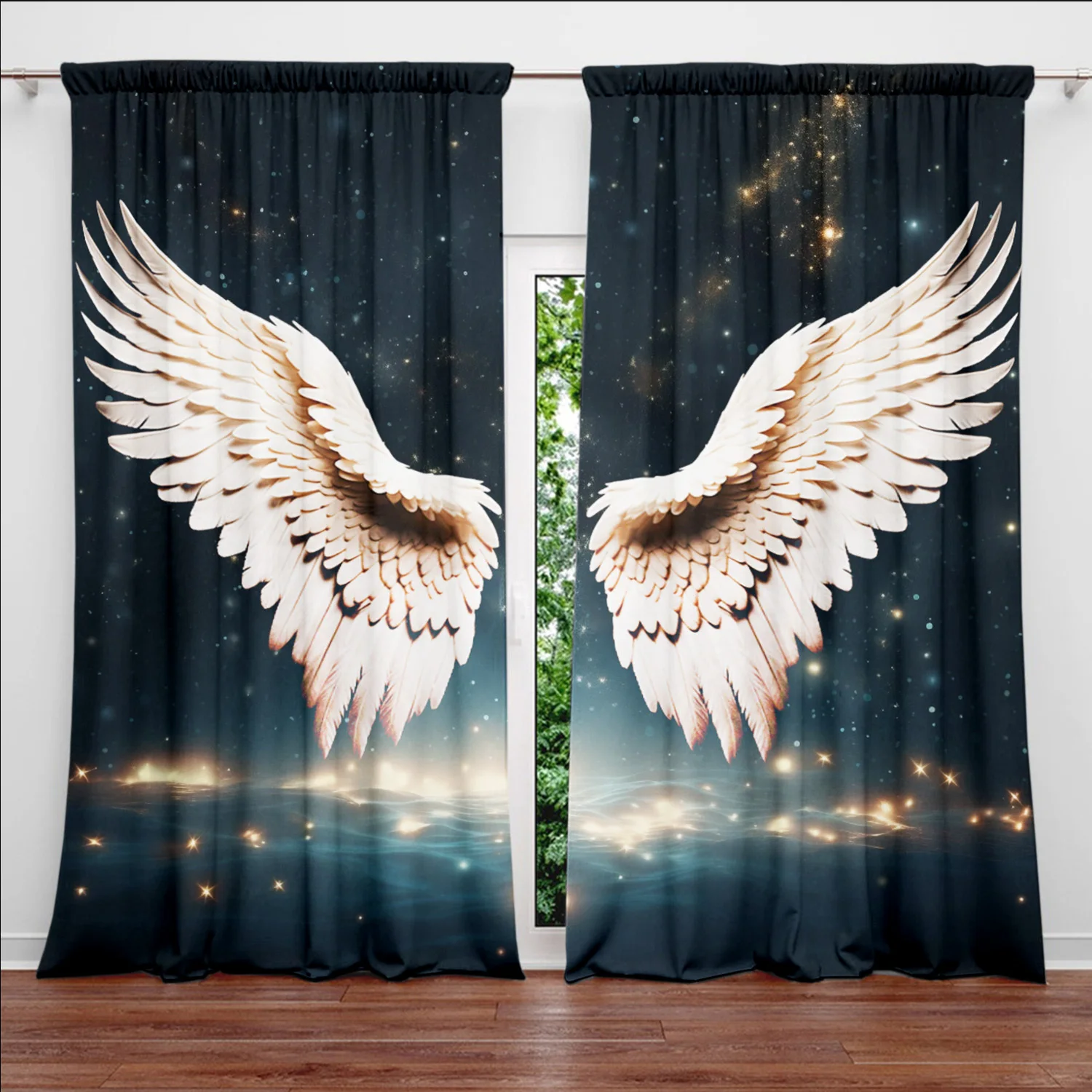 Starry Wing Rod Pocket Curtain Giant White Angel Wing Sparkle Star Sea Glow Night Pattern Elegant Bedroom Living Room Decoration