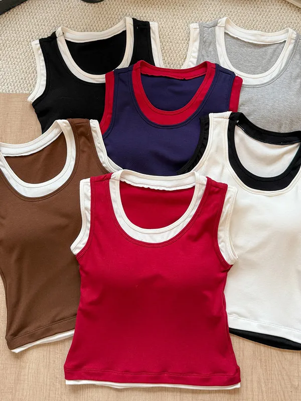 Color Block Halter Vest Women's Base Layer Tank Top with Chest Pad Fixed Cup Versatile Outerwear Slim Fashion Sleeveless Top