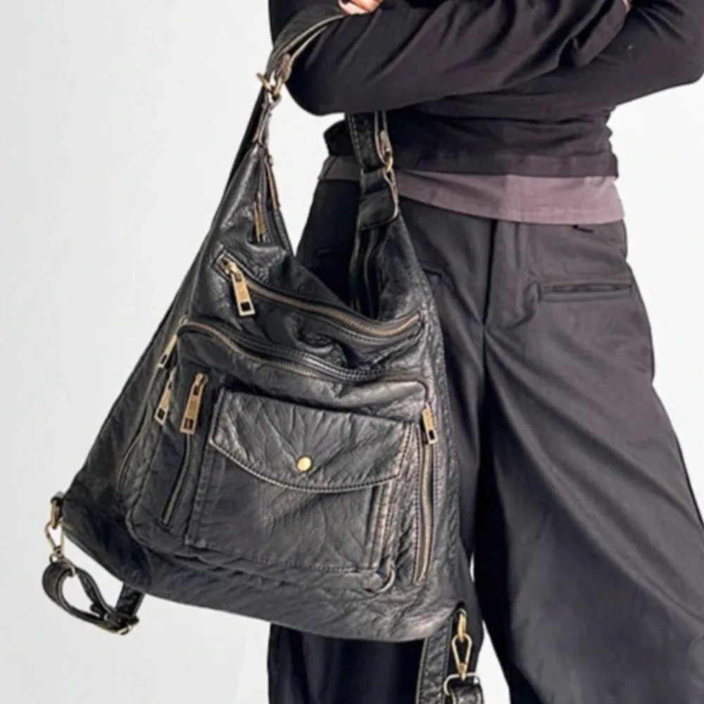 

Retro style women's Y2K spicy girl fashion shoulder bag, multi pocket vegan leather multifunctional backpack