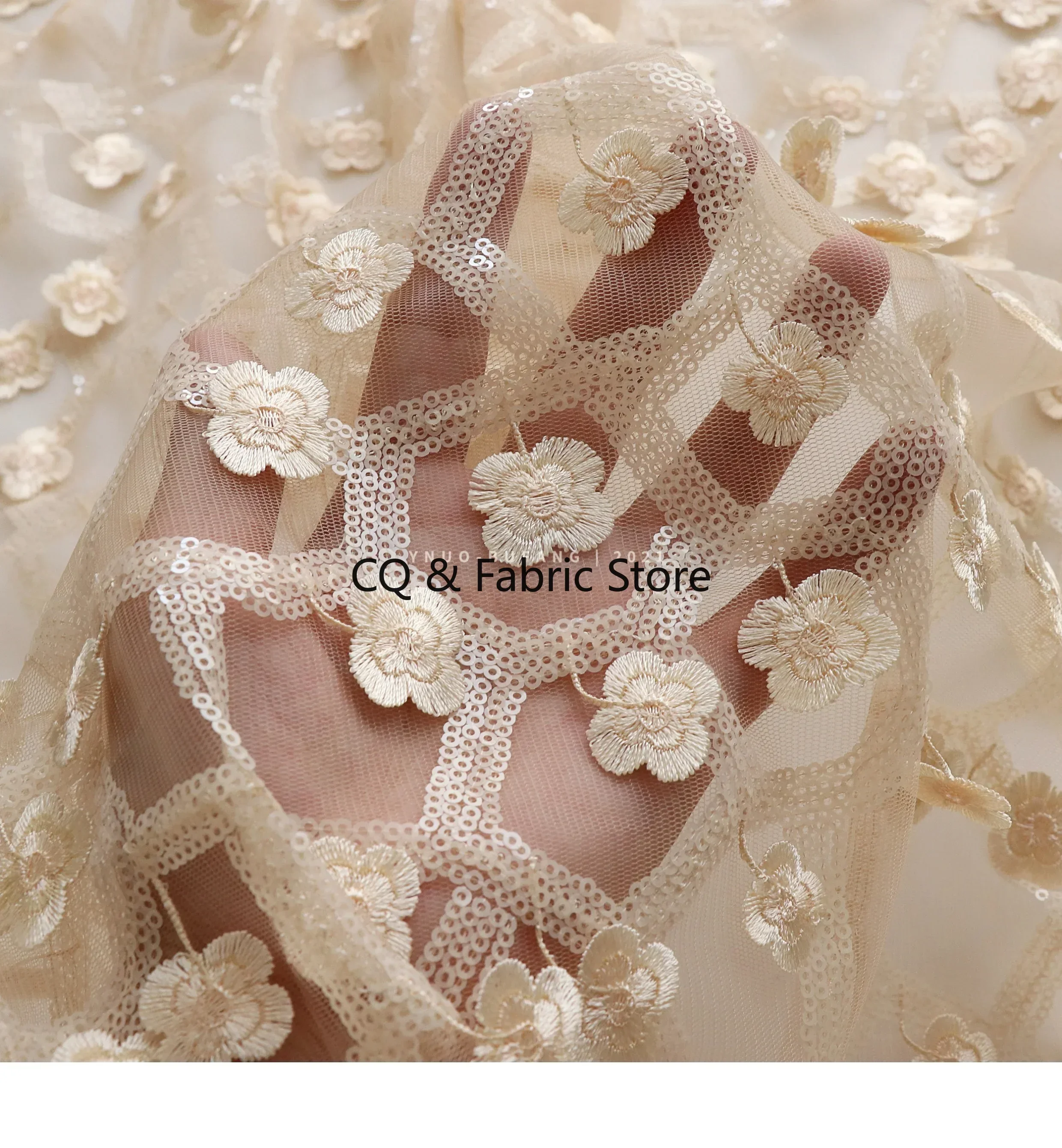 Apricot 3D Small Floral Embroidery, Sequin Mesh Fabric Handmade DIY Wedding and Evening Dress Designer Fabric By The Yard