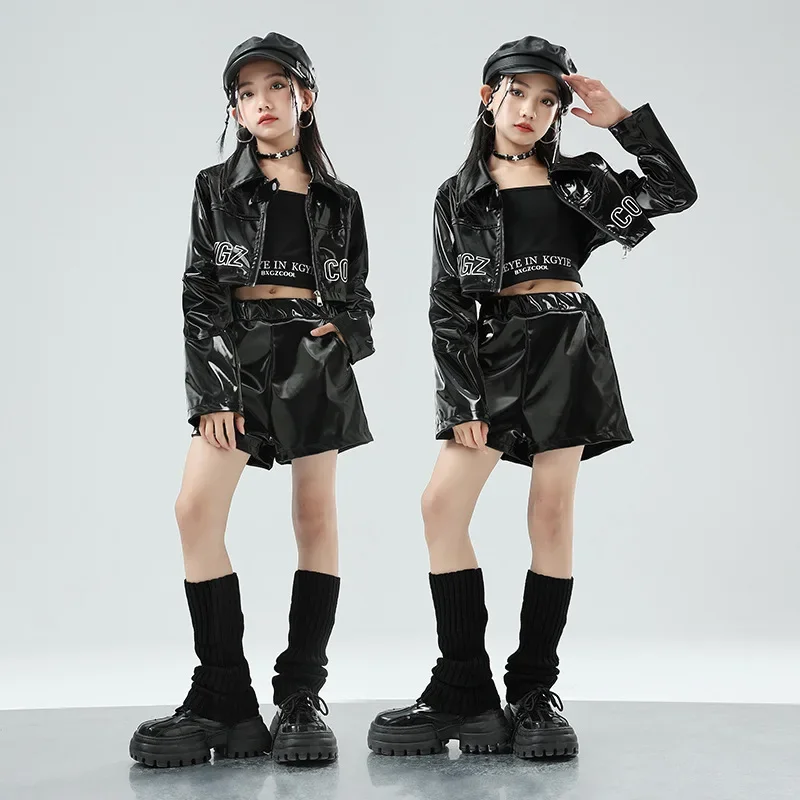 

New Kids Jazz Dance Costume Girls Black Leather Clothing Pants Hiphop Performance Clothes Drum Concert Stage Outfit Streetwear