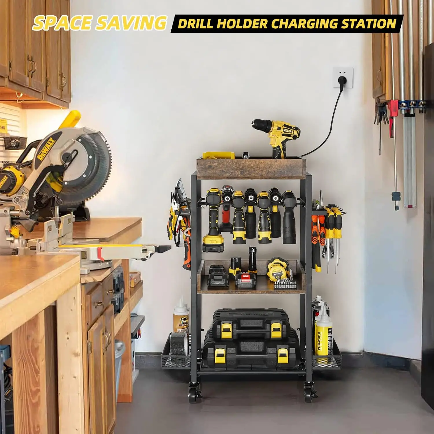 Organizzatore di utensili elettrici Organizzazione di stoccaggio per garage Scaffale Portautensili Scaffale per trapano Carrello di rotolamento Cassettiera per attrezzi aperta · Caldo