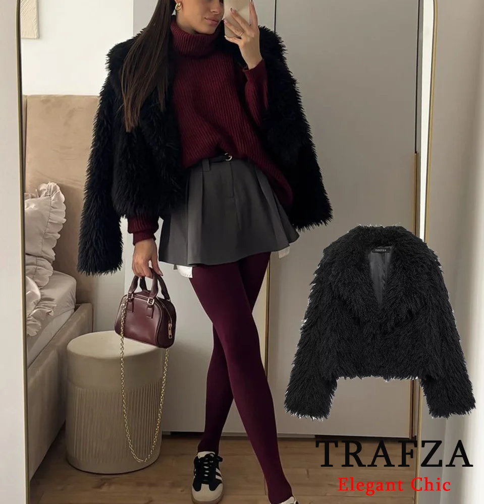 TRAFZA Women Vintage Fur-Effect Coat Lapel Faux Fur Shaggy Coat New 2024 Fall Winter High Street Romantic Glamorous Jacket Coat