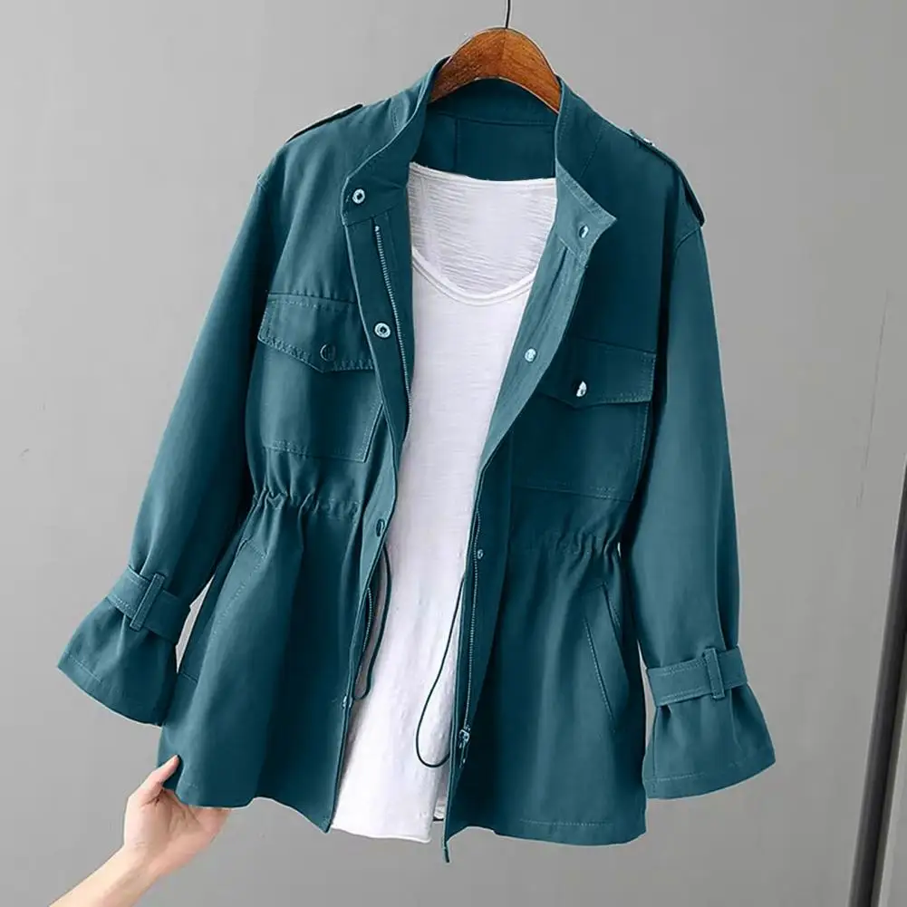 Autumn Winter Women Jacket Chest Pockets Zipper Closure Women Outerwear Slim Waist Mid Length Outdoor Travel Commuting Jacket