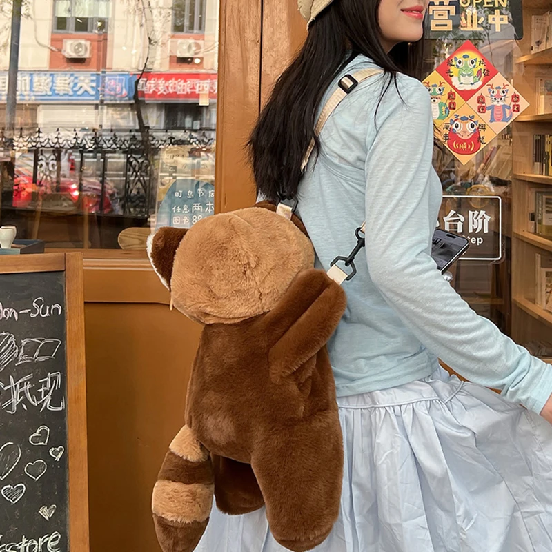 Mochila de felpa de Panda rojo, bonita muñeca de peluche, bandolera de piel suave para mujer, para acampar, viajar, fiesta, regalo de cumpleaños femenino
