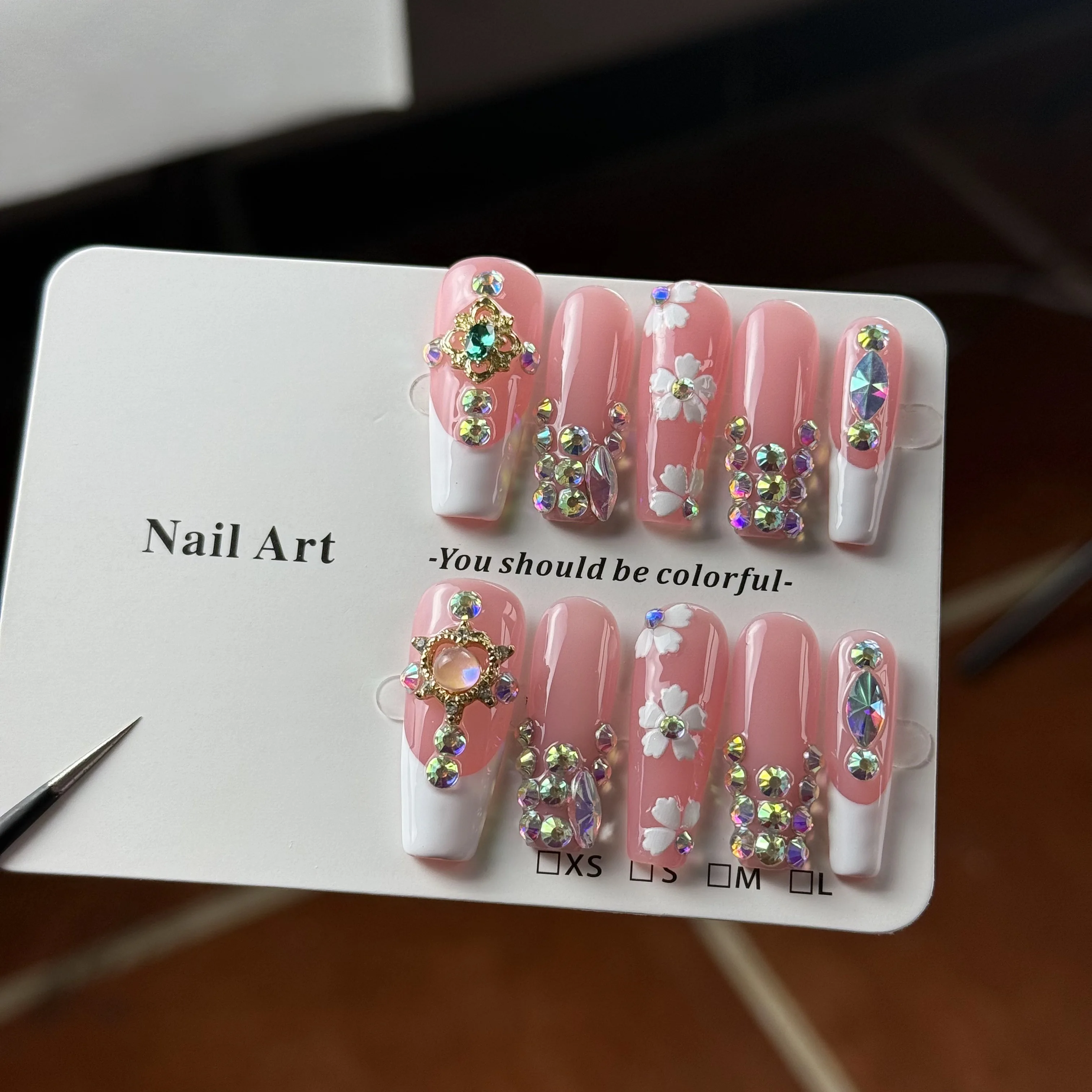 10pcs High-end Gentle and elegant style, pink cat's eyes, hand-painted flowers, sparkling diamond pile handmade French