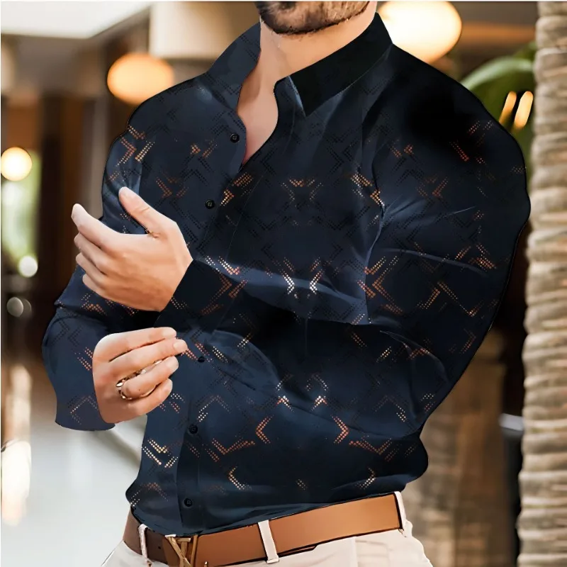 Men Geometric Gold Foil Print Lapel Long Sleeve Shirts Casual Daily Party Blouse