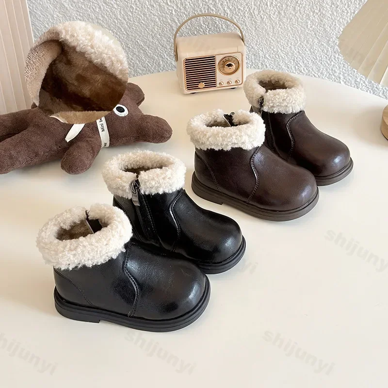 Faux Fur Winter Boys Girls Boots 2025 New PU Leather Plush Boots Kids Non-slip Vintage Fashion Plush Boots Children Cotton Boot