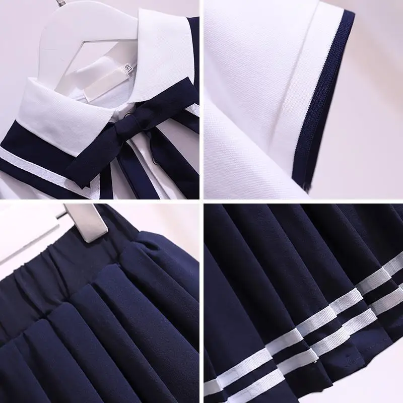 Girls' JK Uniform Clothes Summer Short-sleeved Shirt+Pleated Skirts Japanese School Uniforms,, Navy College Style Pleated Skirt