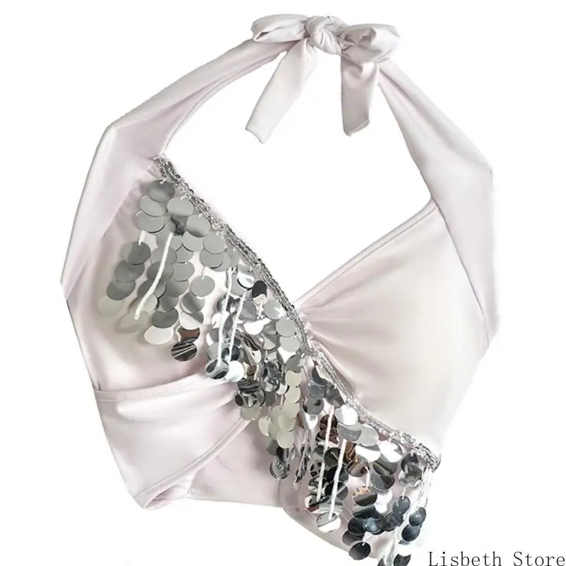 124A Belly Dance เครื่องแต่งกายสำหรับผู้หญิง Belly เต้นรำ Glitter Bra Tops Sequins Fringes Tassels Halter Tops