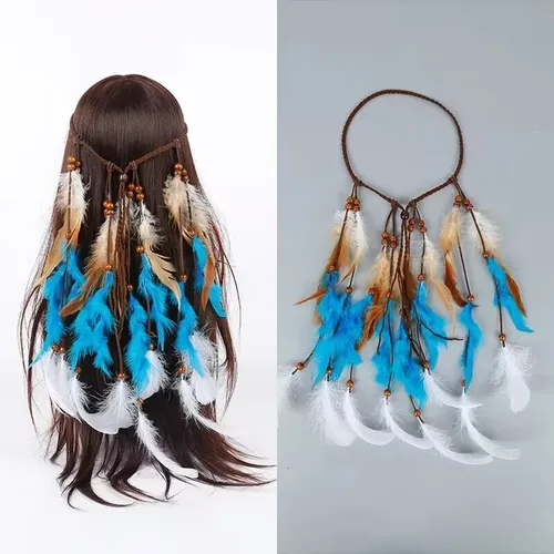 Imagen 1 del producto Diademas con borlas de plumas azules Vintage bohemias, accesorios ajustables para el cabello para mujer, joyería de vacaciones, tocado indio gitano 1 ud.