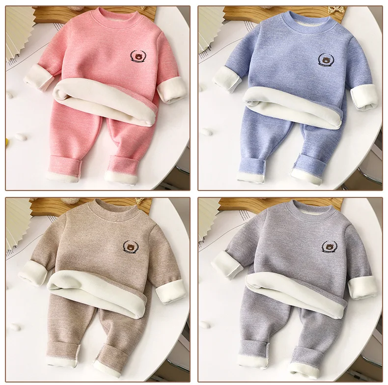 Baby Winter Fleece Thermo-Unterwäsche-Set Jungen Mädchen Weiche Dehnbare Langarm-Basisschicht Kinder Festliche Heimkleidung Kinder-Loungewear – Detail 12