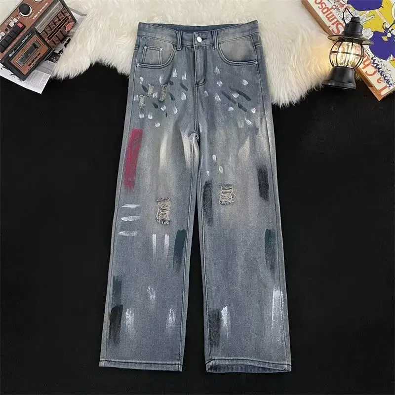 Autumn Winter New Fashion High Waist Printing Tie Dye Jeans Men's Clothing Loose Casual Button Korean All-match Straight Pants