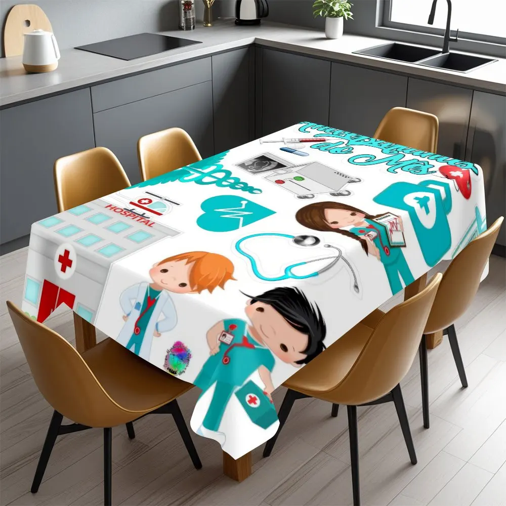 Doctor Tablecloth, Cartoon Medical Element Print Cover, Anti-stain Table Cloth, Decor for Dining & Medical Theme Party Table