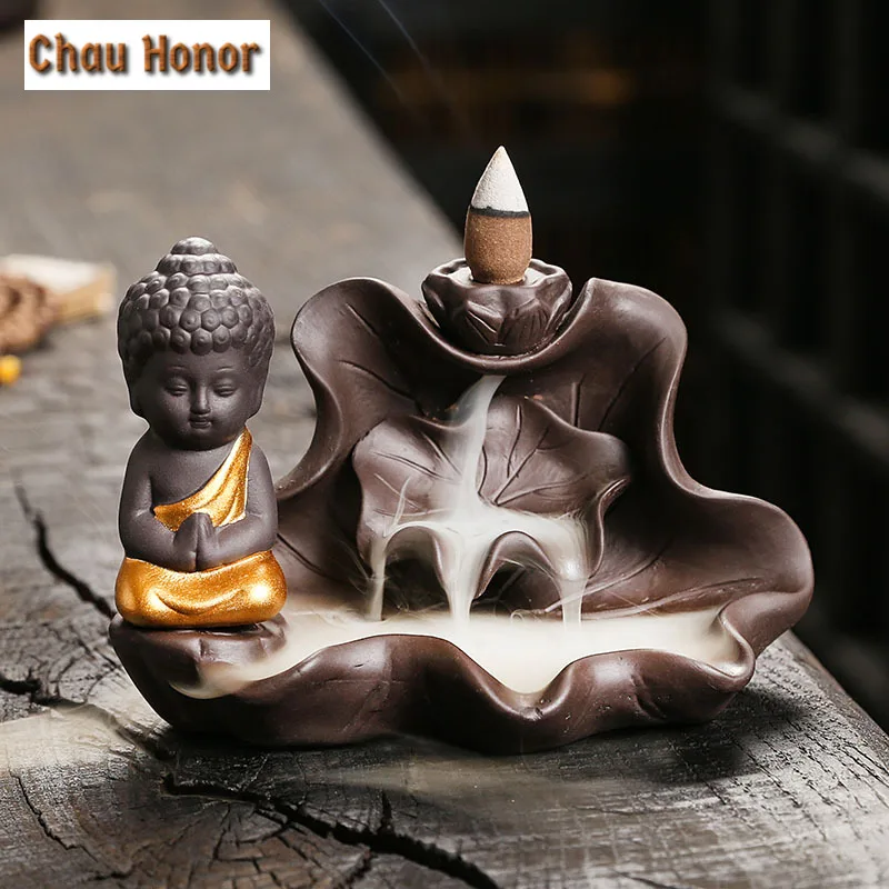 

1pc The Buddha Ceramic Handicrafts Lotus for Home Ornaments Backflow Incense Burner Handmade Purple Clay Holder Without Incense