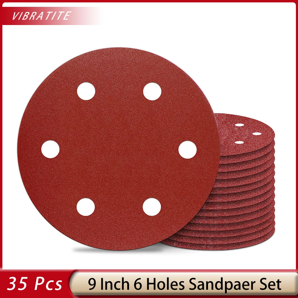 

35 Pcs 9 Inch 6 Hole Drywall Sanding Discs Set 40-240 Grits Premium Hook&Loop Aluminum Oxide Abrasive Sander Paper for 9" Sander