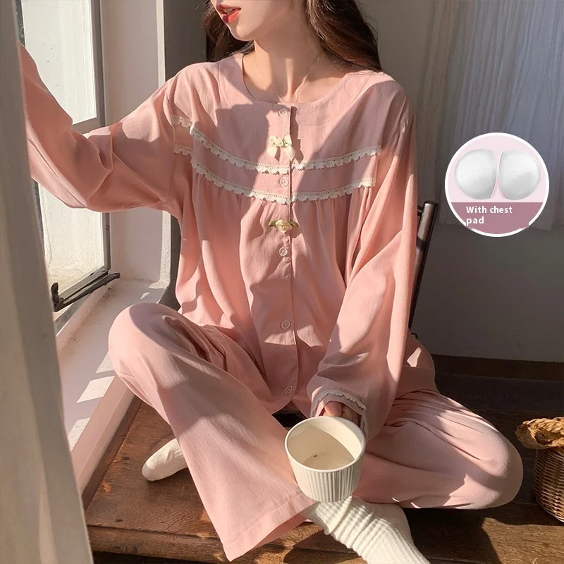 Spring and Autumn Pink Soft Women\'s Long Sleeve Pajamas Homewear Set with Chest Pad Teenage Students Sweet and Cute Homewear