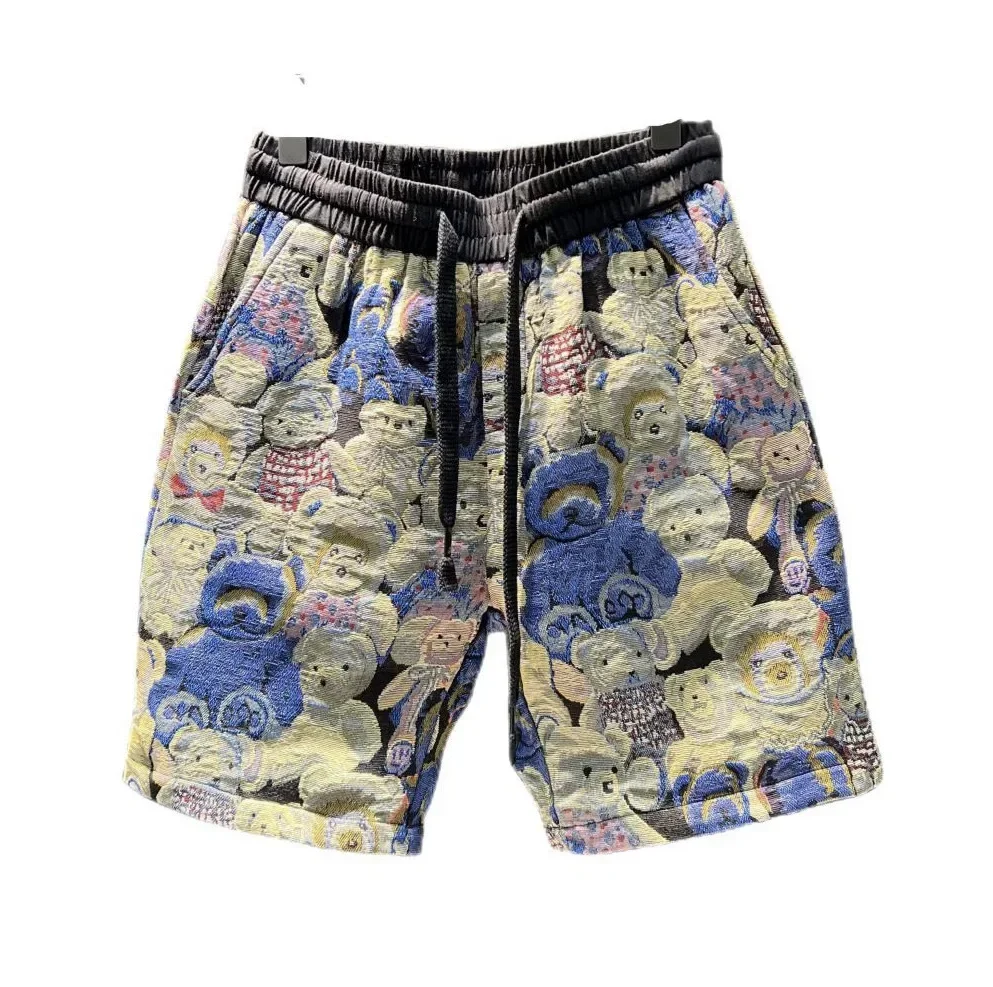 Summer Men Korean Style Boardshorts Breathable Beach Baseball Shorts Bear Pattern Shorts Fitness Sport Straight Short Pants Male