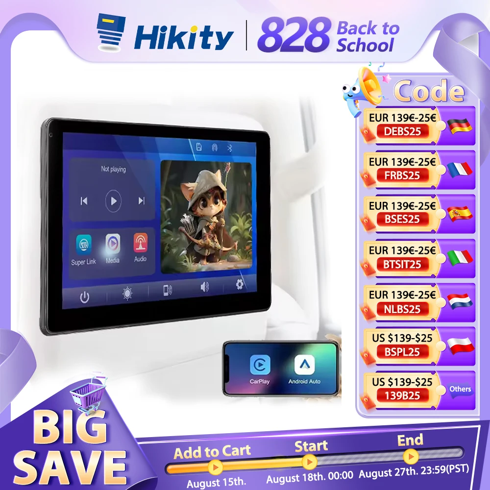 Hikity 9 ''schermo Carplay monitor per auto poggiatesta per auto lettore Video supporto telefono Wireless Mirror Link supporto scheda SD Online Vide