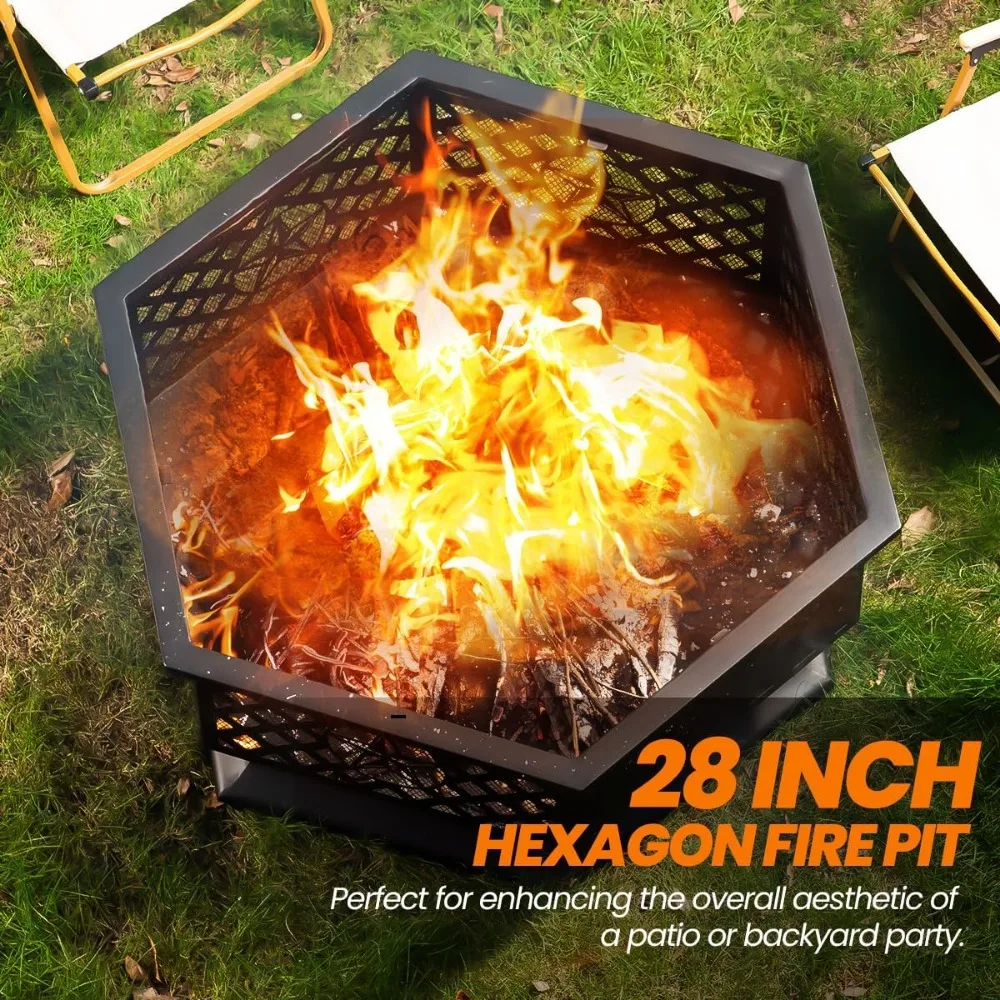 Outdoor Hexagonal Wood Burning Fire Pit with Spark Screen and Poker, 28 Inch Metal Fire Pit for Outdoor Use