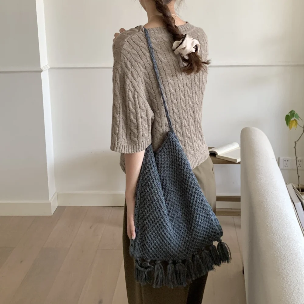 High Quality Soft Retro Art Knitted Bag Solid Color Tassel Shoulder Bag Handmade Woven Bags