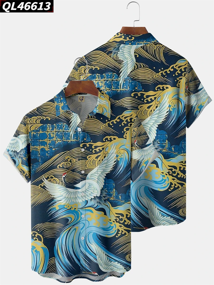 Hawaiian Crane Print Shirt Harajuku Loose Fashion Casual Short Sleeve Men's Button Beach Shirts Summer Clothing