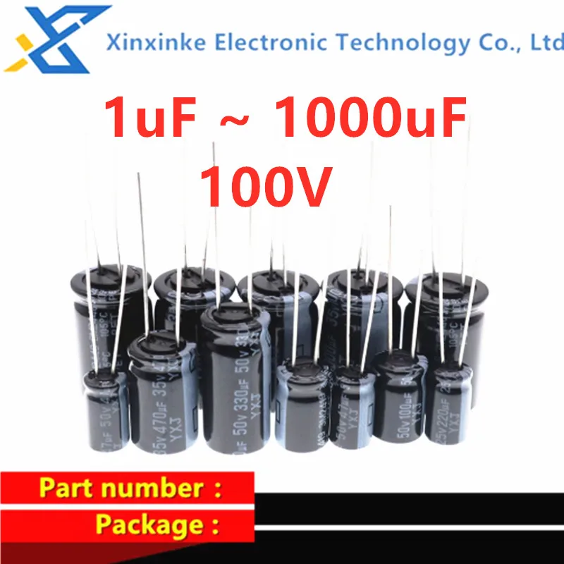 

20PCS/100PCS 100V Aluminum Electrolytic Capacitors 1UF 2.2UF 3.3UF 4.7UF 10UF 22UF 33UF 47UF 68UF 100UF 1000UF 5*11MM