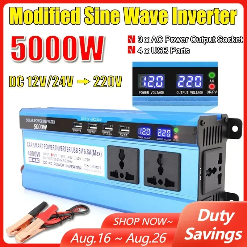 3000/4000/5000W Modified Sine Wave Power Inverter Voltage Converter 4 USB Ports LCD Display 12V/24V TO 220V Portable Transformer