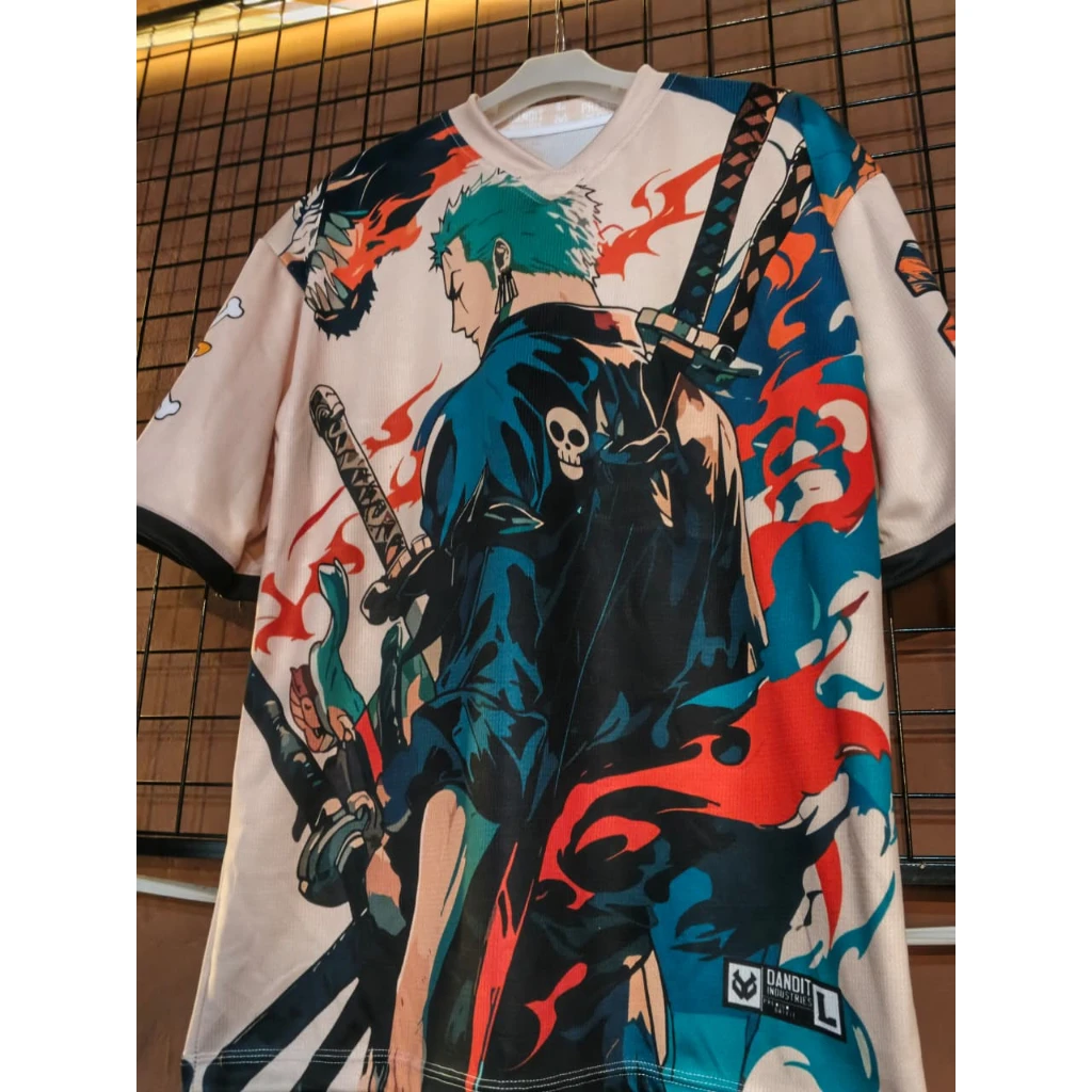 One Piece Roronoa Zoro 23 Jersey T-shirt, Men's Samurai Sword Flame Print Mesh Streetwear Tee, Anime Casual Hip Hop Top