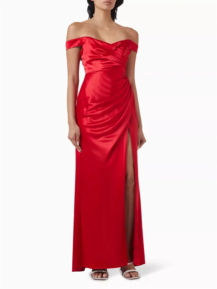 

Customized Medium-fire Element Button Formal Party Evening Dress Sleeveless Off-shoulder Neckline Pleated High-slit Satin Dress