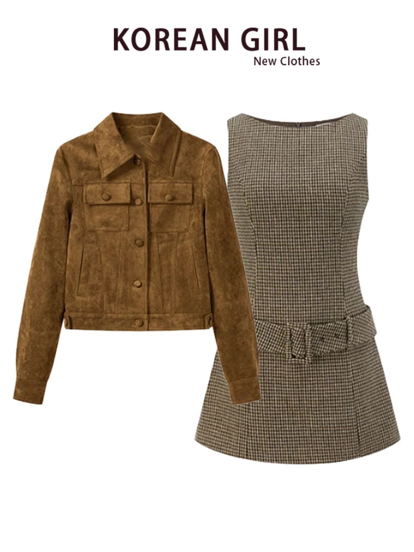 Retro American Brown Suede Short Jacket Women's Autumn Waist-Cinching Plaid Dress Two-Piece Set Fashionable Commute Style