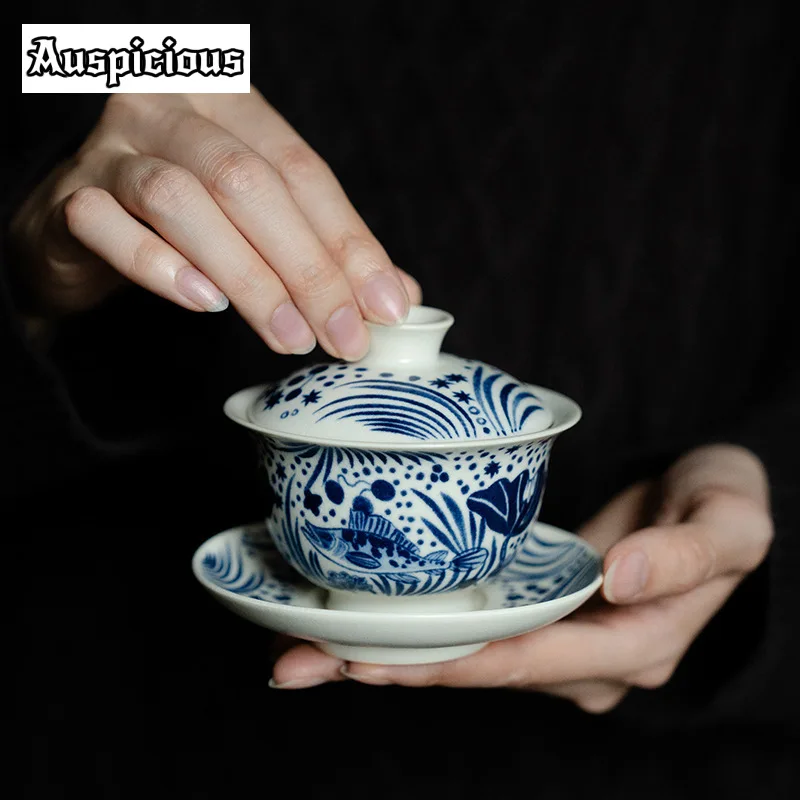 120ml Soda Glaze Tea Tureen Half Color Fish Algae Pattern Gaiwan Sancai Tea Cup Household Tea Maker Cover Bowl Teaware Ornaments