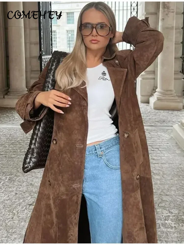 Fashion Faux Suede Women Long Trench Coats With Belt Double-breasted Lapel Overcoat 2024 Autumn Female High Street Windbreaker
